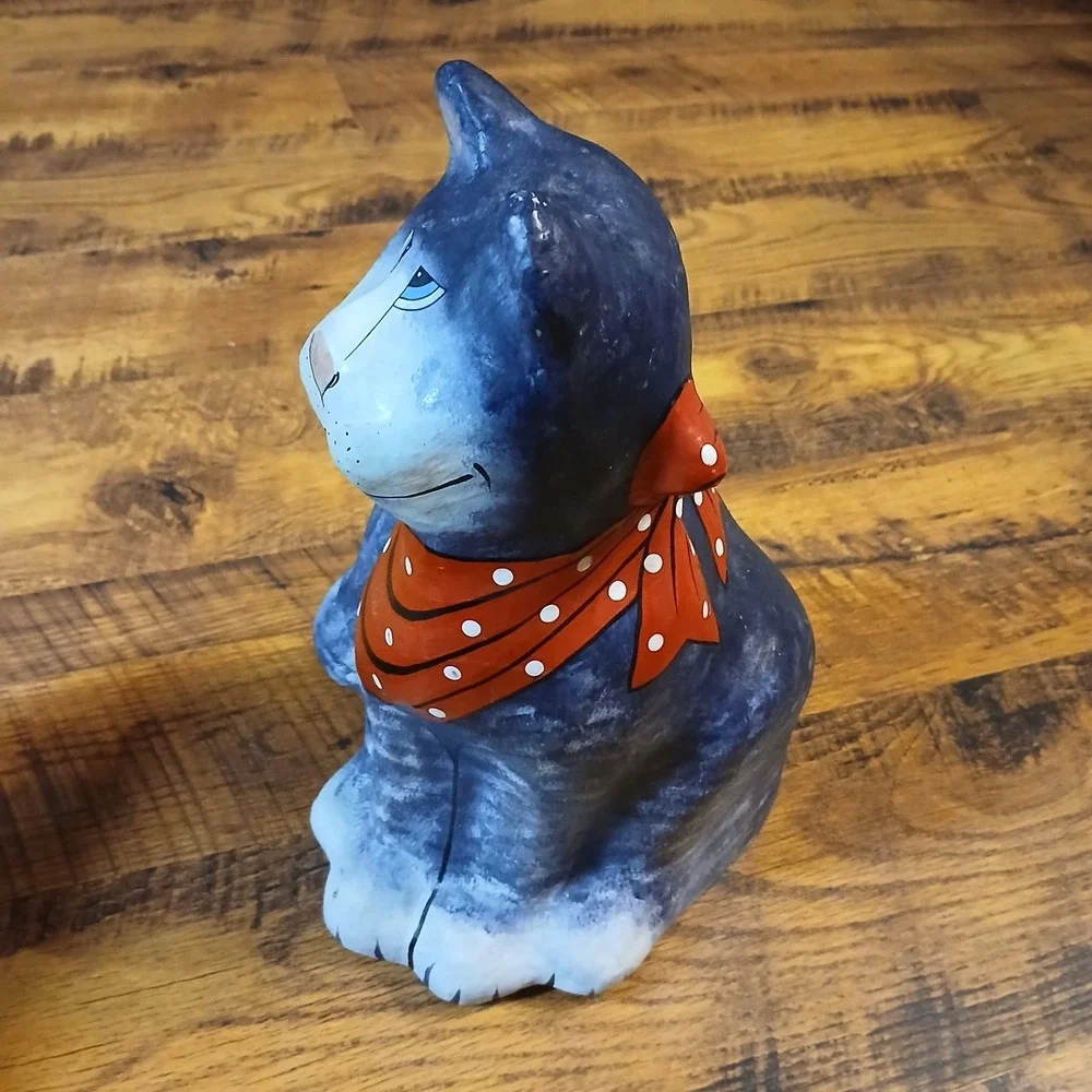 Vtg Paper Mache Cat Sitting Hand Painted Made In Thailand Red Bandana‎ Bow 14